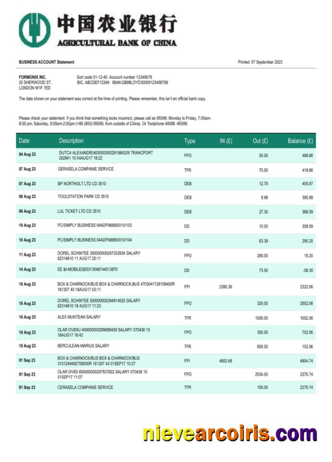 Agricultural bank of China business account statement